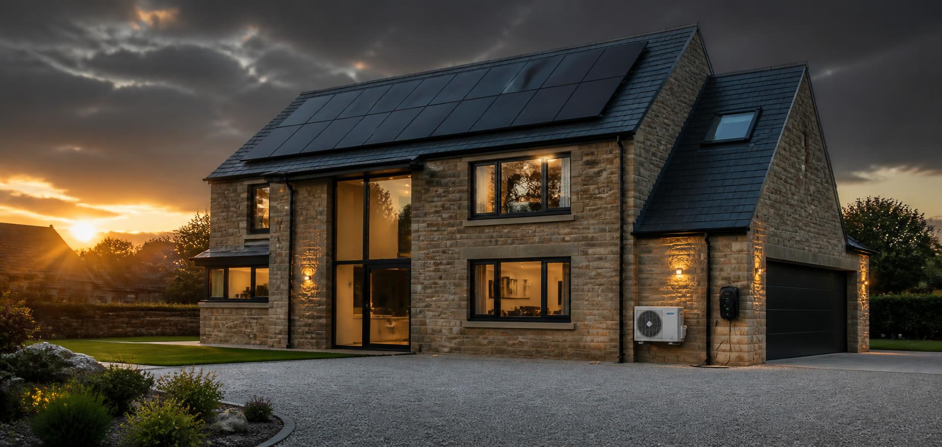 Modern UK home fitted with solar panels, air conditioning and an EV charger